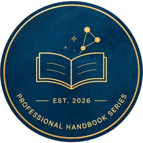 Professional Handbook Series badge, an open book in gold on navy, established 2026