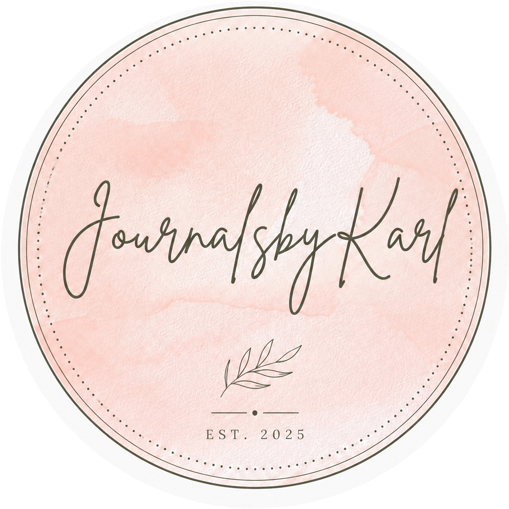 JournalsbyKarl emblem, a blush watercolour circle bearing the JournalsbyKarl name